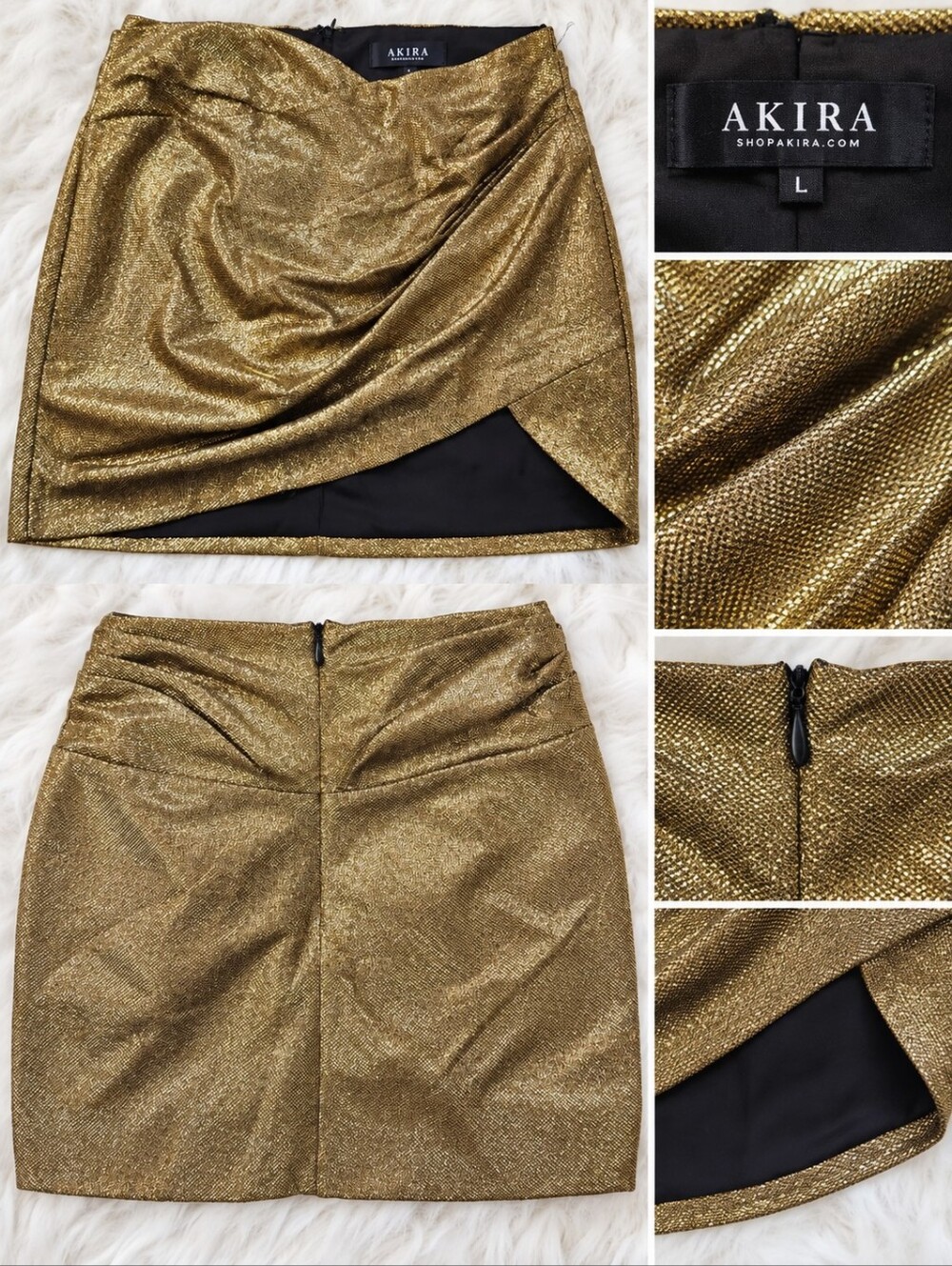AKIRA Gold Metallic Ruched Draped Mini Skirt Large